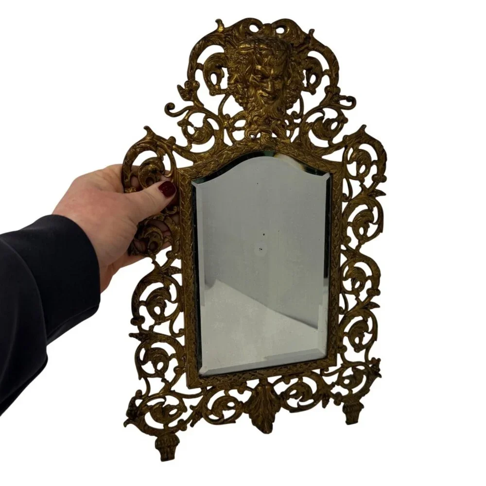 1800s Antique Victorian Bacchus Gilded Brass Wall Mirror Beveled Glass